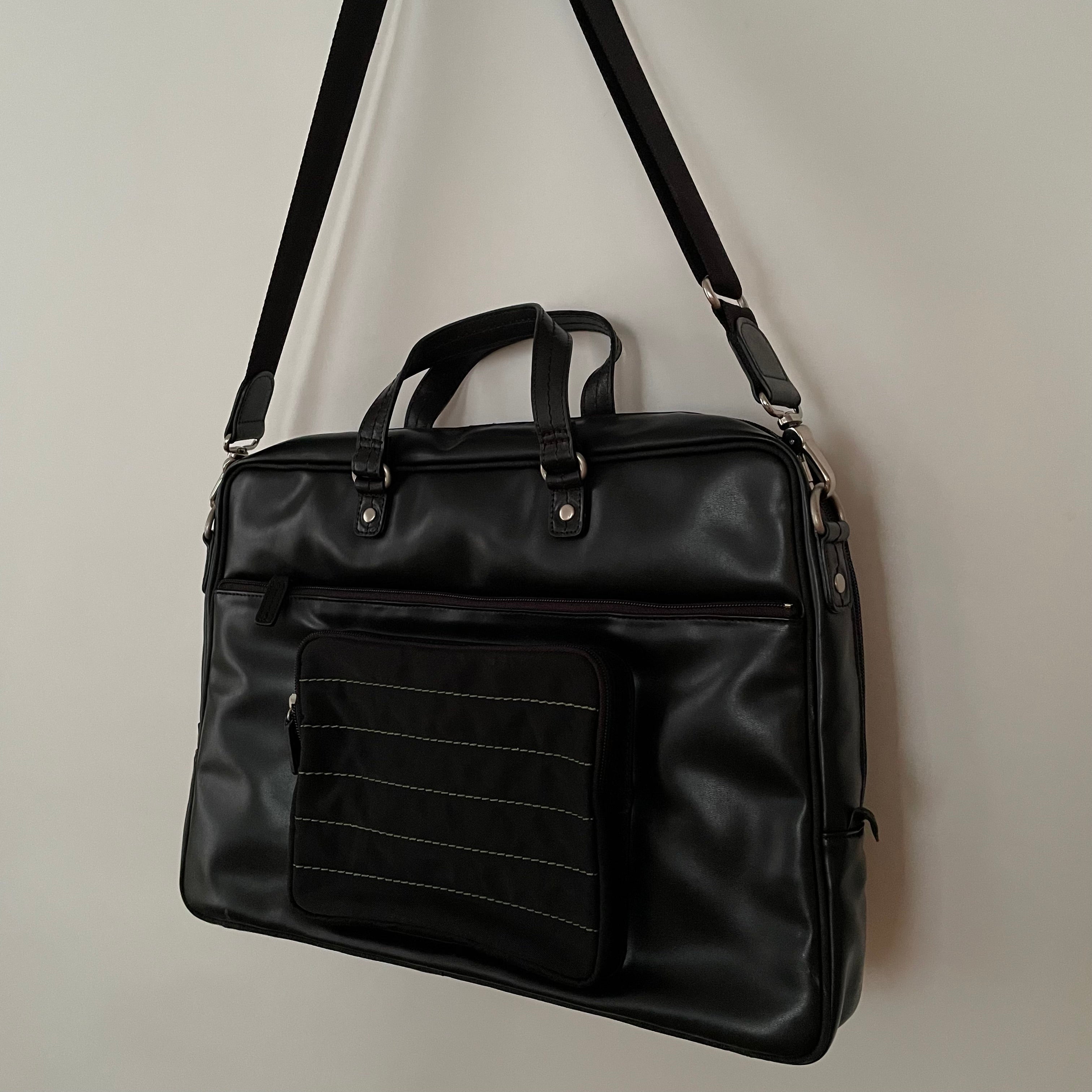 Premium Collection | Vegan Leather x Nylon x Leather Handles Briefcase with Stripe Stitch Accents | Black x Green